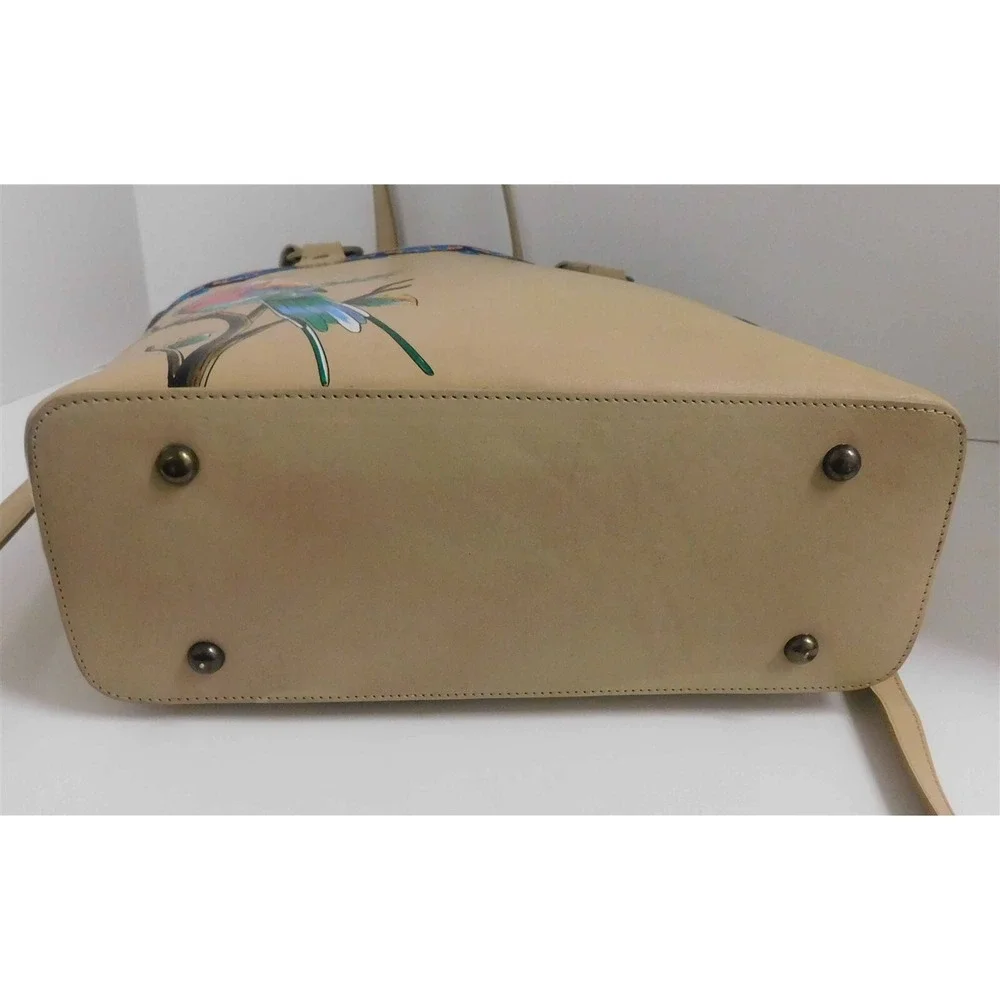 Anuschka Hand Painted Embroidered Tan Leather Parrot Large Tote Shoulder Bag‎